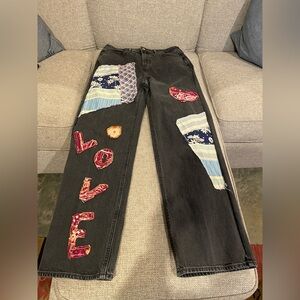 Black Vintage Quilt Patchwork Jeans Old Navy Sky High Waist Wide Leg Sz 10